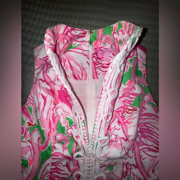 Lilly Pulitzer Alexa Shift Dress Flamingo Pink Green White Lace Size 0 - Picture 9 of 14
